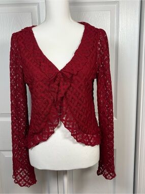 La Peche XL Burgundy Lace Ruffle Bell Sleeve Y2K Top